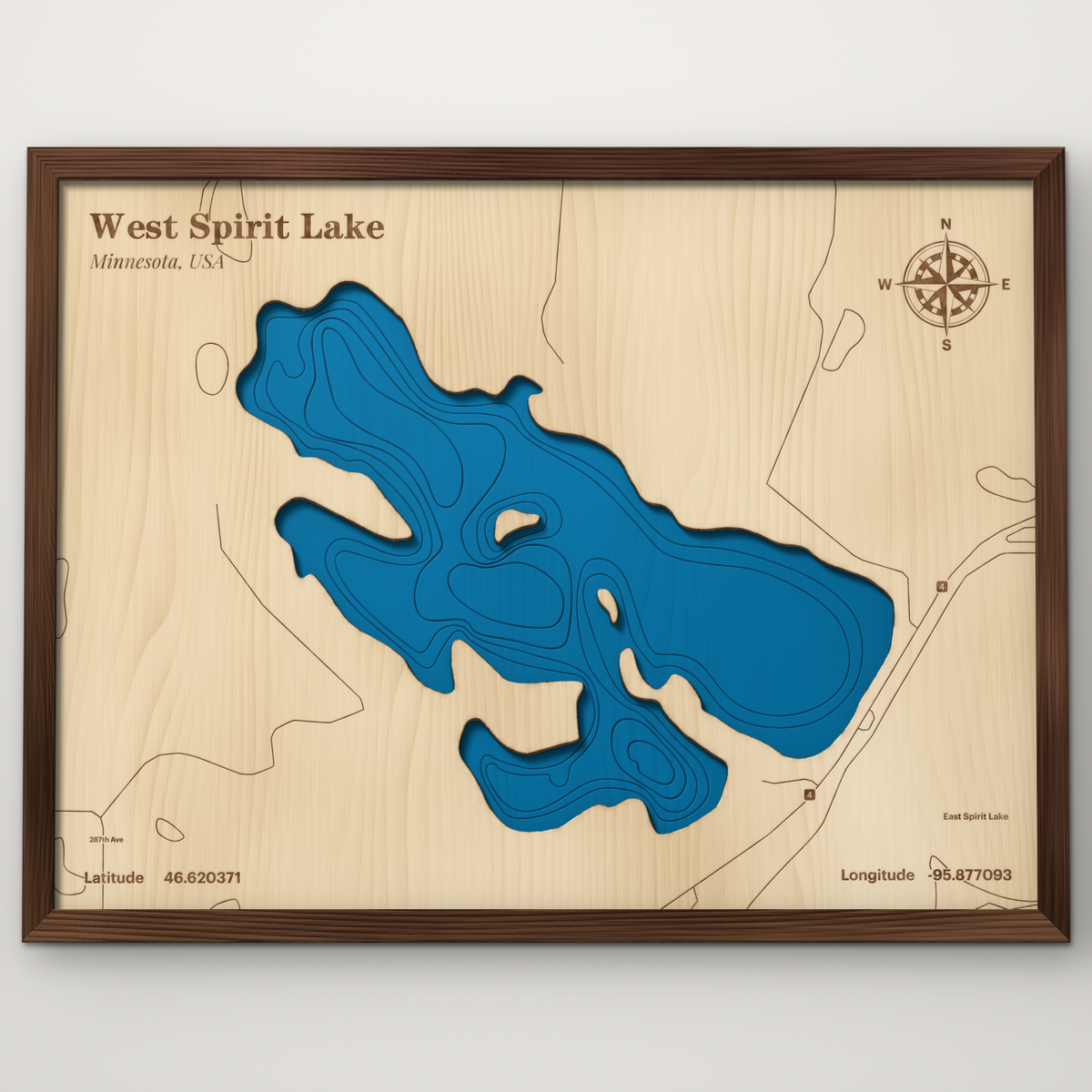 West Spirit Lake, Minnesota, layered wood map with blue painted water and stained walnut frame, by Dirt Road Barns