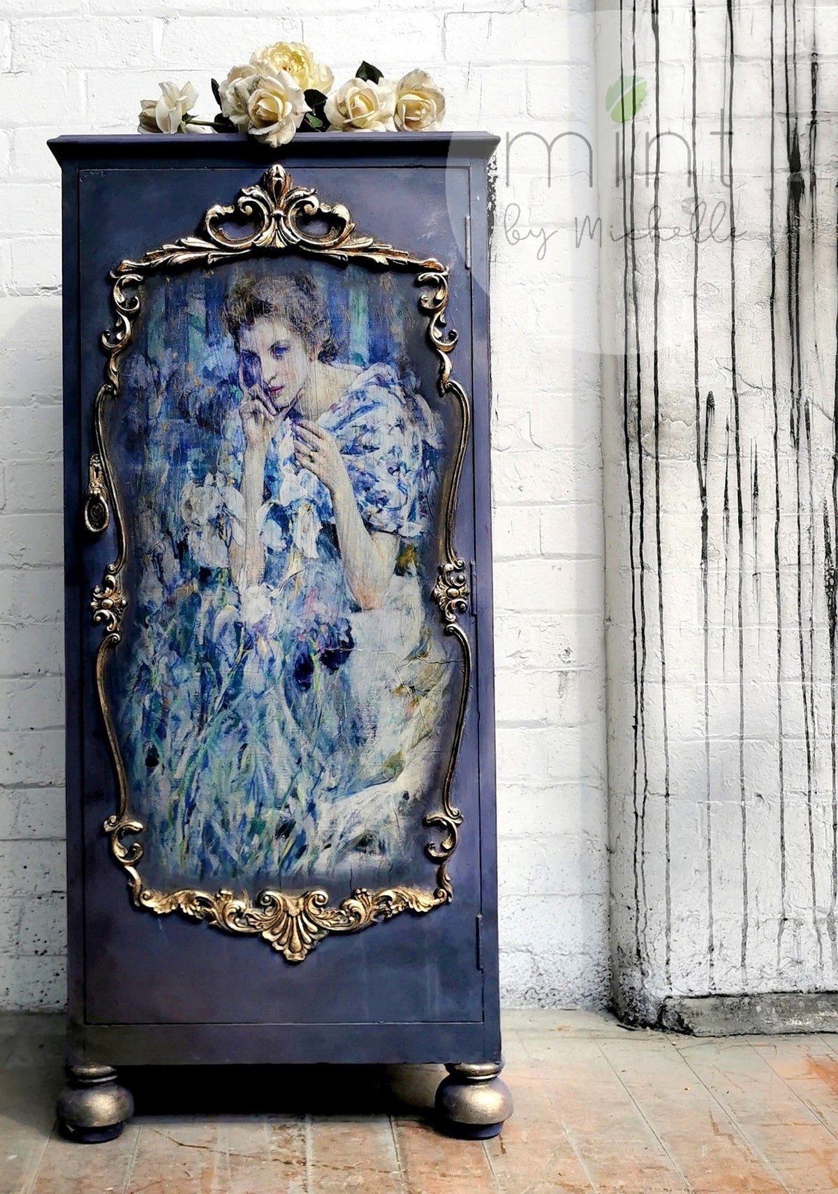 Woman with Lillies decoupage paper on furniture